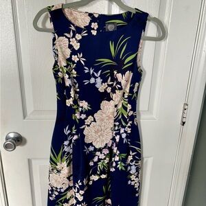 Vince Camuto Navy Floral Fit & Flare Sleeveless Pleated Dress